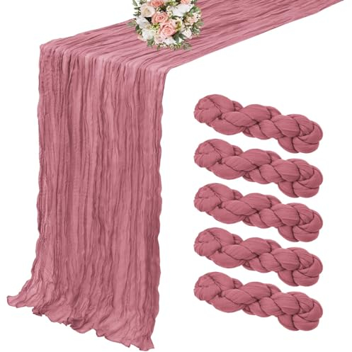 5er-Pack Käsetuch-Tischläufer, staubiger Rosen-Tischläufer, 90 x 300 cm, rustikale Gaze-Tischläufers für Hochzeit, Tischdekoration, Hochzeitsbogen, Party-Dekoration
