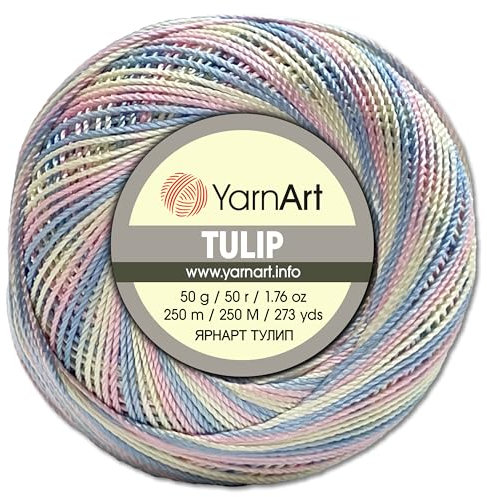 Frida's Wollhaus YarnArt 50 g Tulip Häkelgarn Filetgarn Mikrofaser glänzend seidig 49 Farben (448 | Hellgelb-rosa-hellblau)
