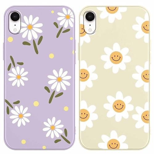 RUMDEY 2 Pack Cute Daisy Flowers for iPhone XR 6.1 Inch Phone Case,Smile Pattern Aesthetic Design Cases Soft Silicone Slim TPU Shockproof Protective Fundas for Teen Girls Women (Purple&Beige)