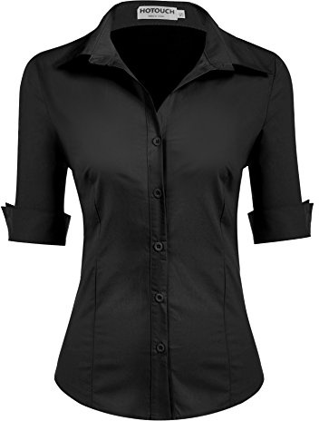 HOTOUCH Womens Blouse Short Sleeve Shirt Ladies Cotton Work Office Blouses | Shirts for Women uk | 3/4 Sleeve | Button Down Shirt | Fitted Stretch Business Blouse | V-Neck Top | Summer Casual Tops