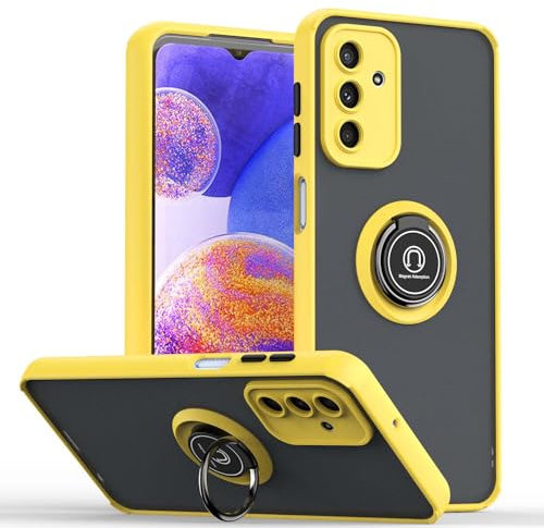 ILING Case for Samsung Galaxy A25 5G, Ultra-thin Translucent Matte Frosted PC Hard Back Cover, Soft Silicone TPU Bumper Shockproof Protective Case with Ring Kickstand (Yellow)