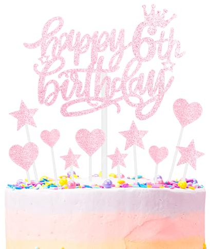 mciskin Happy 6th Birthday Cake Toppers - Pink & Glitter Heart Stars, Personalised for Girls