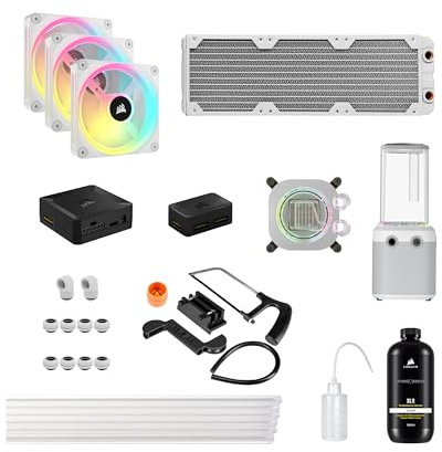 Corsair Hydro X Series iCUE LINK XH405i Custom Cooling Kit – Hardline Water Cooling Loop – XC7 ELITE CPU Water Block – XD5 ELITE D5 Pump Res – XR5 360mm Radiator – 3x QX120 RGB Fans – White