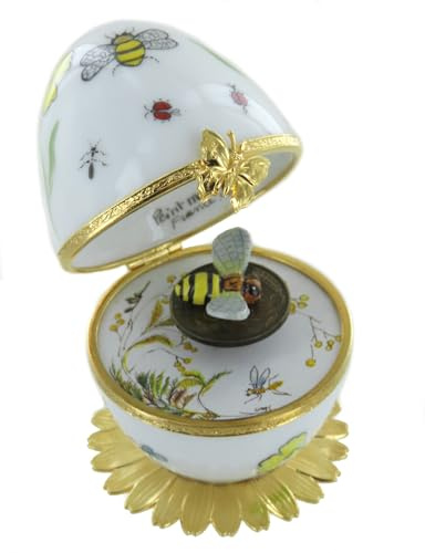 Lutèce Créations Musikalisches Ei im Fabergé-Stil aus Porzellan mit Spieluhr, Biene und 18-Ton-Federspielwerk - Made in France - Blumenwalzer - Der Nussknacker (P. I. Tschaikowski)