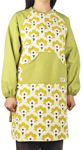 Small snail Long Sleeve Cotton Apron Waterproof Women Pinafore Kitchen Apron with Big Pockets for Cooking, Baking, Gardening, Housework