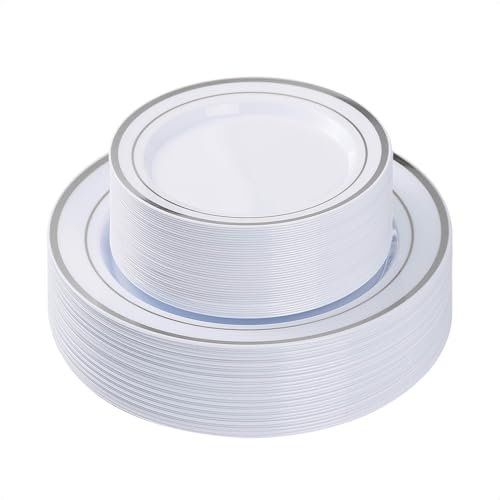 40pcs assiettes en plastique réutilisables 26cm grande assiette en plastique noir et 19cm petite assiette à dessert avec bord doré/argenté/or rose convient pour le mariage vaisselle de fête(Argent)