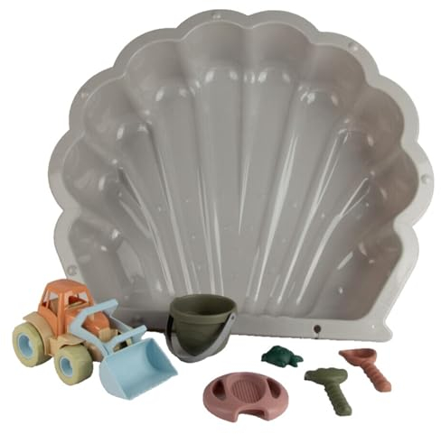Sand- oder Wassermuschel (Sand mit Sandspielzeug 7-teilig) mit Sandspielzeug, Traktor mit Frontlader, Eimerchen, Sieb, Schippe, Rechen, Sandförmchen