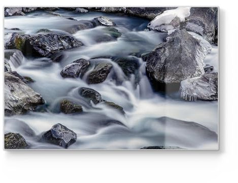 DEQORI Tagliere in vetro, grande, 30 x 20 cm, motivo corsa del flusso invernale, tagliere di design per cucina, tagliere per la colazione, antibatterico e antiscivolo, piano in vetro e piatto da