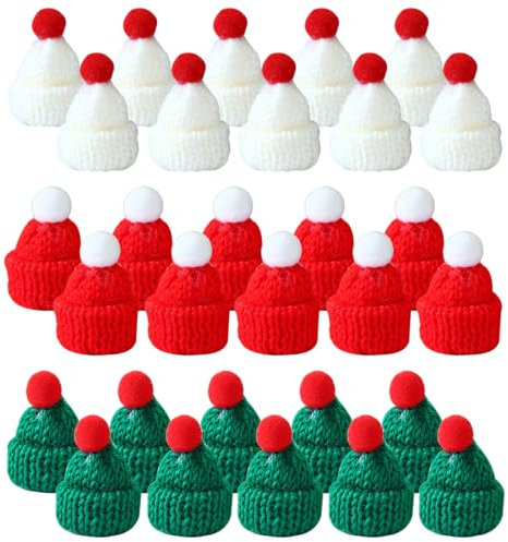 EIHI 30 Stück Mini Weihnachtsmütze, Mini Strickmützen Puppe Hut, Kleine Nikolausmützen Lutscher Mütze für DIY Handwerk Kunst Weinflasche Deko Christmasbaumschmuck Puppenzubehör