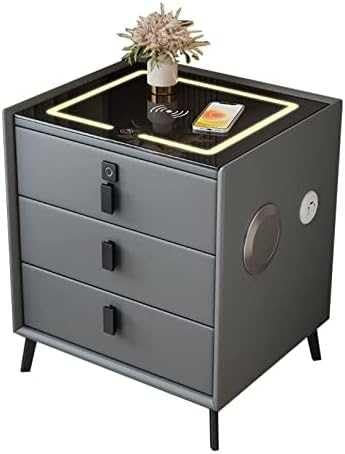 Wireless Charging Station Nightstand with Bluetooth Speaker, Fingerprint Lock, LED Lights, and 3 Drawers - Modern Bedside Table for Bedroom