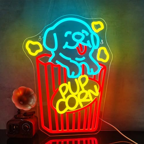 Looklight Pop-corn pour chien enseigne au néon Popcorn Cinema LED Enseignes au néon pour décoration murale Salle de cinéma Panneau lumineux Movie Time Néon pour salle de cinéma Fête de cinéma