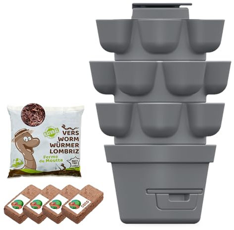 Moutta | WORMgarden Gris 3 jardinières + 500gr de vers de Compost | Jardin Potager Vertical avec lombricomposteur | Cultivez Vos Fruits et légumes | Créez Votre Potager et recyclez Vos déchets