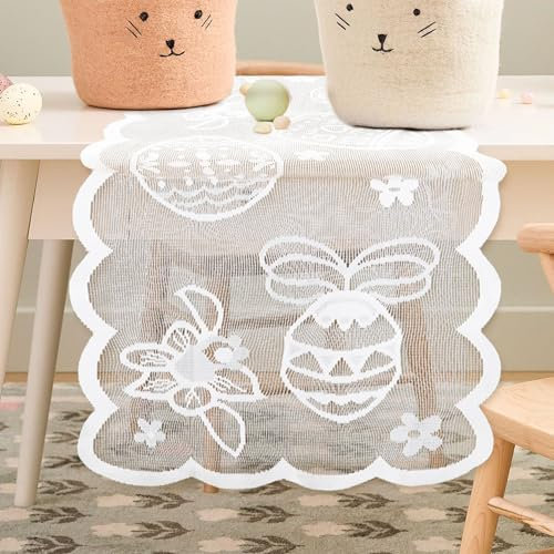 Herbst Spitze Tischdecke Ostern 183 x 33 cm Hasen Stickerei Weiß Häkelspitze Tischläufer Mitteldecke Frühling Osterhasen Tischband Ostereier Osterdekoration für Osterndeko Frühlingdeko