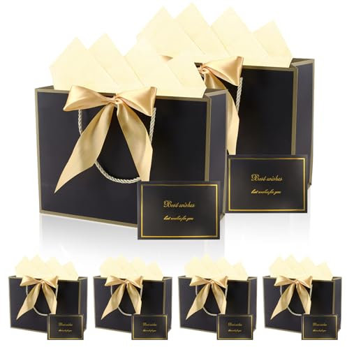 XIAQICA Geschenktüten 6 Geschenktaschen mit Schleife + 6 Grußkarten + 6 Sydney Paper, Geschenktüte Schwarz Heißprägerand Geschenktasche für Geburtstag Valentinstag Weihnachten Hochzeit
