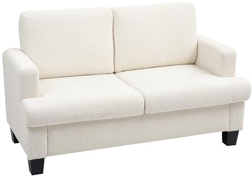 HOMCOM 2-Sitzer Chenille-Sofa mit Armlehnen, Modernes 2-Sitzer-Sofa mit Holzbeinen und abnehmbaren und waschbaren Kissen für Wohnzimmer, Wohnbereich, Haus und Büro, 138x70x80 cm, Cremeweiß