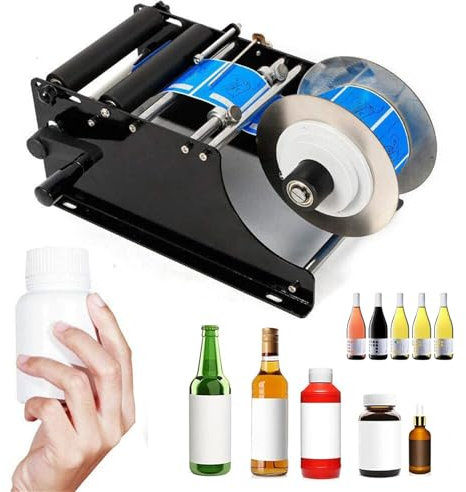 Round Bottle Labeling Machine, Semi-Automatic Round Labeling Machine, Self-Adhesive Labeling Machine, for Round Bottles Columns and Pressure-Sensitive Adhesive Label, Chemical, Cosmetics, Medicine