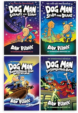 Dog Man Bücher Set Band 9-12 von Dav Pilkey – 4 Comic-Bände für Kinder: Schmutz und Sühne, Sturm und Drang, Zwanzigtausend Flöhe und Der scharlachrote Retter – lustige Kinderbücher inkl. Lesezeichen