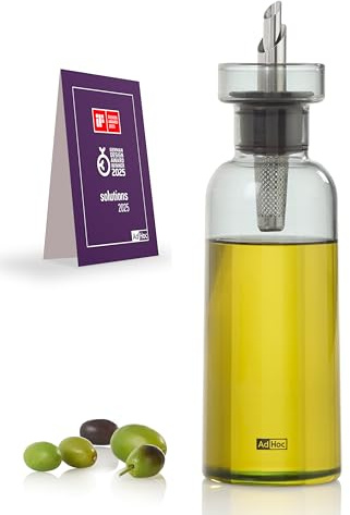 AdHoc BZ76 Ölspender oder Essigspender AromaPour aus Borosilikatglas in Grau | elegante Olivenölflasche mit Ausgießer aus Edelstahl | ideal auch für Kürbiskern-Öl oder Essig | luftdicht, 300 ml