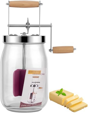 Botte di burro in vetro con manovella, 1,5 l per fare burro, con manico in legno, ingranaggi in acciaio inox, macchina per burro manuale, burro per erbe, burro all'aglio (aggiornamento)