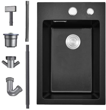 Bokaiya Fregadero Cocina Negro 35 X 45 cm, Fregadero Cocina 1 Seno, Cocina Granito Con Rebosadero, 2 Orificios Para Grifo Y Sifón, Adecuado Para Estaciones de Cocina