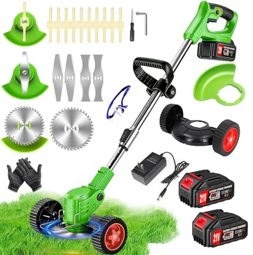 Rasentrimmer Mit Akku Leichter Freischneider 21V 2000Ah Batterie und Schnellladegerät,4-in-1-Rasentrimmer/Radkantenschneider/Mini Rasenmäher/Freischneider mit 3 Arten Klingen für Garten, Hof