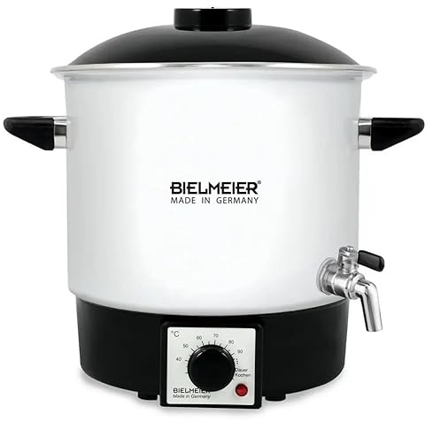 Bielmeier Einkochautomat 9 L Emaille Weiß – 1000 W Einkochtopf mit 3/8″ Edelstahl-Auslaufhahn & Ersatzteilgarantie – Einwecken von Marmelade, Obst, Saft & mehr – Made in Germany