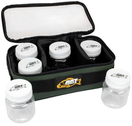 BAT Tackle Carp Elite® Pop Up & Dip Bag inkl. 6 Gläser Angeltasche | Gepolstert, 600D Nylon wasserabweisend, Sichtdeckel, 2-Wege Reißverschluss, Für Köder-Dips & Pop-Ups