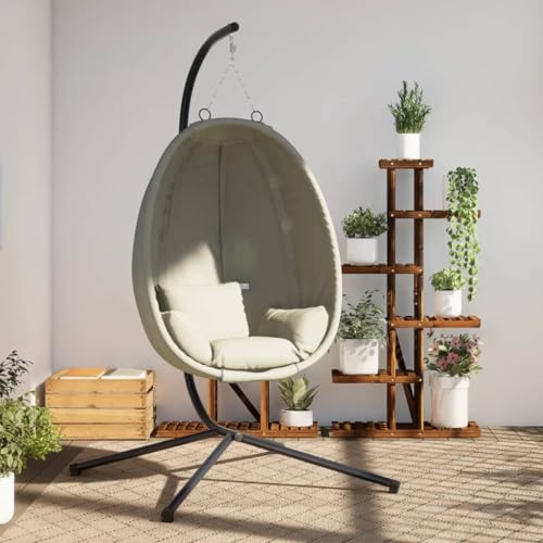 Mokuyary - Silla colgante con forma de huevo y soporte de color beige, tejido y acero, silla de relajación, silla columpio para salón, jardín, terraza, esquina de lectura, exterior, balcón