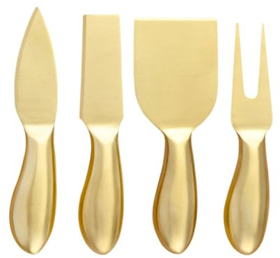 Mikikit Couteau à Fromage en Acier Inoxydable Doré, Lot 4 Pièces | Kit de Fourchette Coupe-beurre, Kit Coupe-fromage, Set Couteaux Fromage, Outils Cuisine