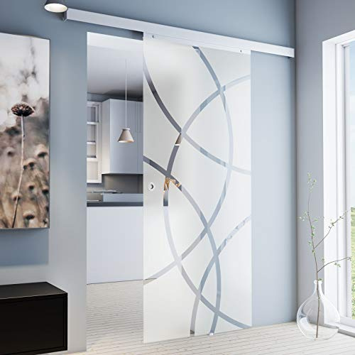 inova Glas-Schiebetür Komplettset 755 x 2035 mm Kreis Design 8 mm ESG Alu Lauf-schiene mit Griffmuschel