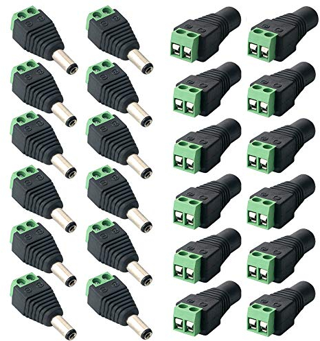FULARR® 24Pcs Professionale DC Connettore Presa, 12v DC Alimentazione Spina Jack Connettore Adattatore, 12 Paia 2 Pin Maschio Spina & Femmina Jack Set, per CCTV Telecamera LED Striscia (5.5 X 2.1mm)
