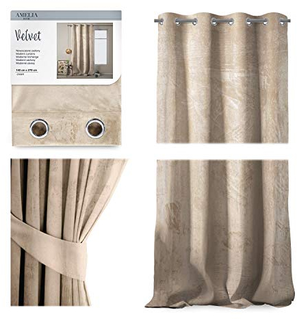 AmeliaHome Set Vorhang H 270 x B 140 cm mit Raffhalter 54 x 10 cm Velvet Optik Creme 1 St. Ösenschal Samt Halbverdunkelungsvorhang Fensterdekoration Dekoschal Dekorvorhang