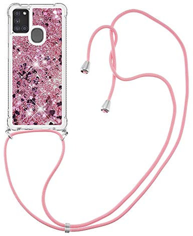 MRSTER Handykette Kompatibel mit Samsung Galaxy A21s, Glitzer Flüssig Bewegende Treibsand Handyhülle mit Necklace mask Lanyard Schutzhülle für Samsung Galaxy A21s. LP Love Rose
