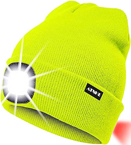 ATNKE 8LED beleuchtete Strickmütze, wiederaufladbare USB-Scheinwerferkappe mit extrem Heller, wasserdichter Lampe und Blinkender Alarm Rotes Rücklicht Multi-Color/Fluorescent Yellow
