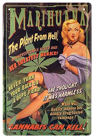 helges-shop Blechschild Marihuana The Plant from Hell - Retro Deko Vintage Schild - Metallschild Dekoration Cannabis Weed Joint - 30er Jahre Propaganda Motiv - 20x30cm