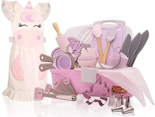 Baker Buddy Einhorn Kinder Backset mit Aufbewahrungskoffer, echten Arbeitsutensilien, Ausstechformen und Backzubehör, schöne Einhornschürze für Kinder