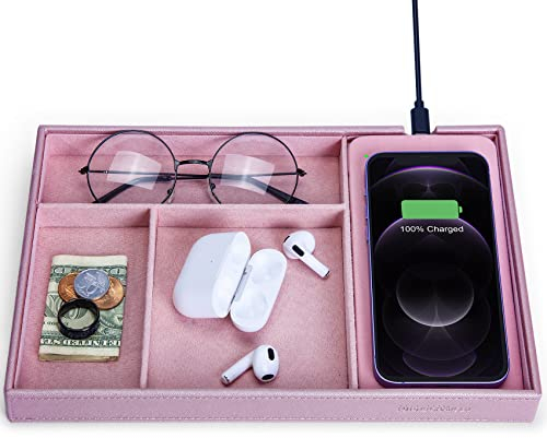 Valet Tray, Built in Wireless Charging Pad, Nightstand Organizer, Bedside Organizer, Mens Jewelry Box, Everyday Carry Tray for Men and Women -Pink
