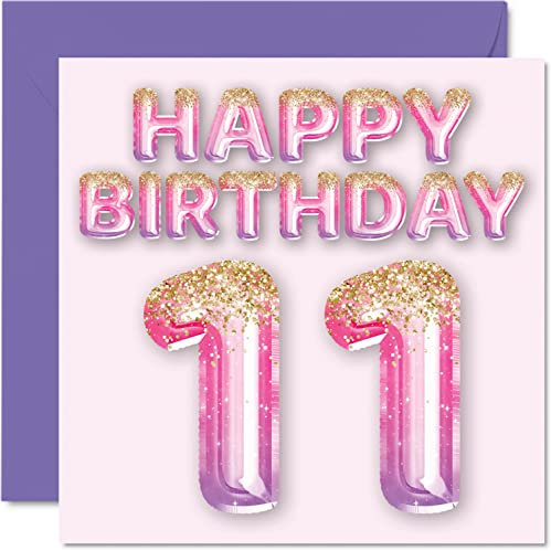 Carte d'anniversaire 11 ans pour filles – Ballons à paillettes roses et violettes – Cartes d'anniversaire pour fille, sœur, petite-fille, cousine, 145 mm x 145 mm
