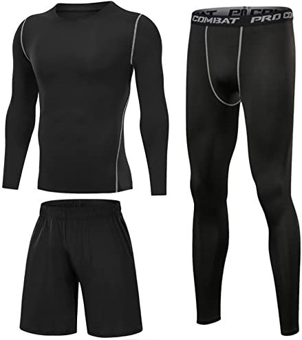 Terecey Ensemble Compression Homme 3 Pièces Haut Manches Longues et Collant et Short Sport Respirant Séchage Rapide Idéal Fitness Course et Entraînement
