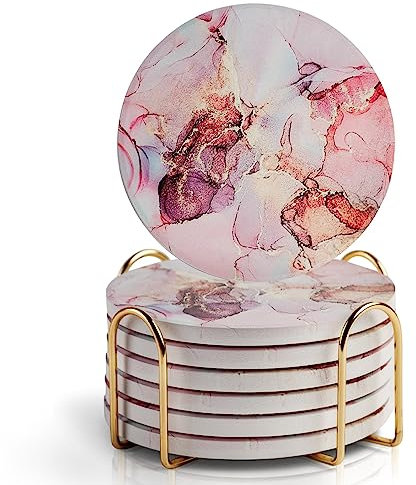 Lot de 6 sous-verres ronds abstraits roses avec support, décoration de table basse, dessous de verre pour boissons, table basse, dessous de verre en marbre, dessous de verre en pierre absorbants