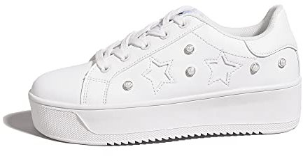 BELOS Mode Plattform Frauen Turnschuhe Faux Wildleder Sterne Holographische Regenbogen Walking Schuhe, Weiß/Stern, 42 EU