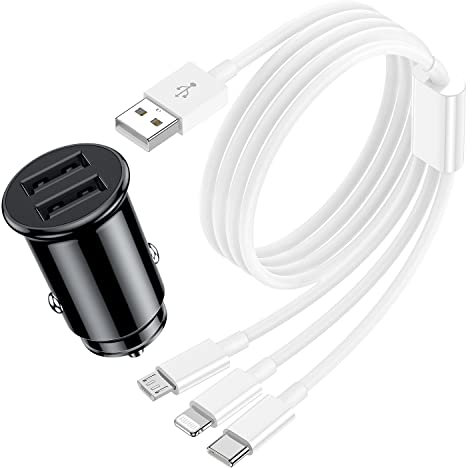 QZIIW Caricatore rapido per auto per, USB A a Lightning, Tipo C, Micro, cavo mutiple 2m con 2 porte Caricatore per auto USB per, iPad, telefono cellulare Andriod