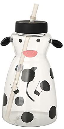 Vasos Lindos de 625 ML con Pajita de Vidrio Y Tapa Taza de Vidrio con Forma de Vaca de Dibujos Animados Vasos de Café Helado Tazas de Vaca Taza de Leche de Vidrio Vaso para Agua de(Transparente)