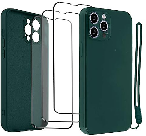 Handyhülle für iPhone 14 Pro Hülle mit 3 Panzer Schutz Glas Folie & 1 Wrist Band, Dünn Microfiber Silikon Handyhülle mit Kameraschutz Kratzfeste Rundumschutz Schutzhülle Displayschutzfolie, Grün
