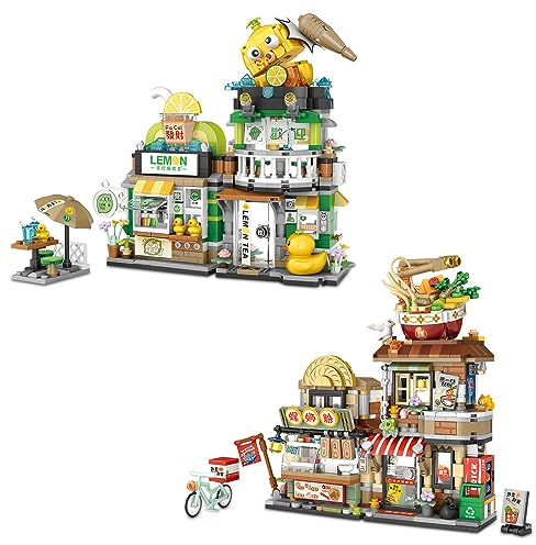 LOZ Mini Blocks 2 In 1 Food Street Building Klemmbausteine Haus Bausteine Bausatz, enthält Zitrone Teeladen/Snail Noodle Shop 1666 Teile MOC Blocks Set, Geschenke Spielzeug für Kinder und Erwachsene