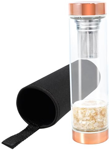 soulnioi Healing Crystal Glass Water Bottle, Natural Gravel Gemstone Crystal Water Bottle Healing Glass Bottles with Tea Strainer&Protective Cup Cover, for Spiritual Healing (Critine)