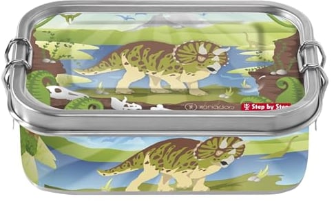 Step by Step Edelstahllunchbox Dino Tres, grün-blau, mit Trennwand und Klickverschluss, für Schule und Kindergarten, 0,8L