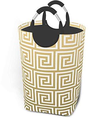 Weißer griechischer Schlüssel und eleganter goldener Wäschekorb, zusammenklappbarer Wäschekorb, großer Aufbewahrungsbehälter, langlebiger Kleidersack mit Griffen, 50 l