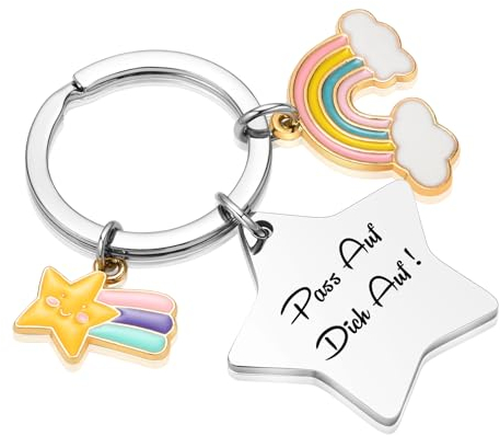 VNOX Schlüsselanhänger Personalisiert mit Gravur,Schlüsselanhänger Anhänger Herz Edelstahl,Glücksbringer Schlüsselanhänger,Weihnachten Geschenke für Frauen Freundin Tochter Mama(04#Regenbogen Stern)