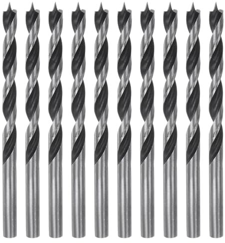 HARFINGTON 10pcs Brad Point Drill Bits 5mm (3/16) Dia Straight Round Shank Metric Brad Point Spiral Twist Drill Bits for Softwood Hardwood Plywood Plastic Rubber, Silver Tone